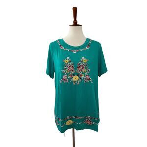 Jodifl Anthropologie Womens Floral Embroidered Boho Top Short Sleeve M Medium